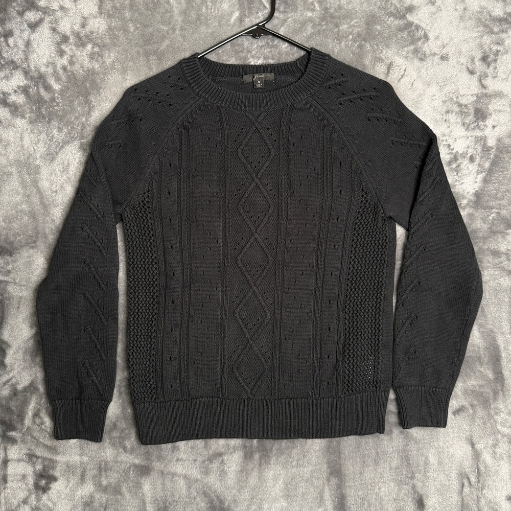 J.Crew Black Cotton Cable Knit Pointelle Crewneck Sweater Small